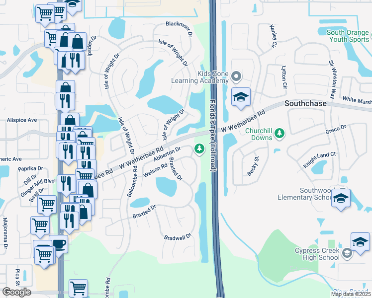 map of restaurants, bars, coffee shops, grocery stores, and more near 1269 Welson Road in Orlando
