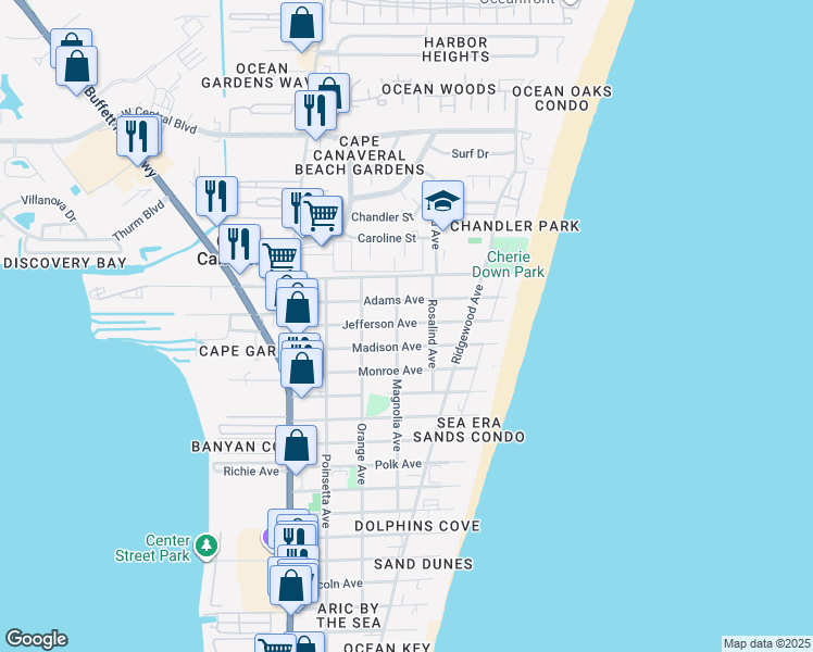 map of restaurants, bars, coffee shops, grocery stores, and more near 418 Madison Avenue in Cape Canaveral