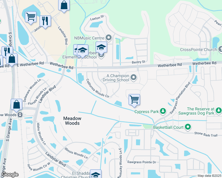map of restaurants, bars, coffee shops, grocery stores, and more near 823 California Woods Circle in Orlando