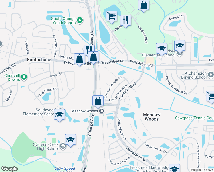 map of restaurants, bars, coffee shops, grocery stores, and more near 104 Jersey Woods Court in Orlando