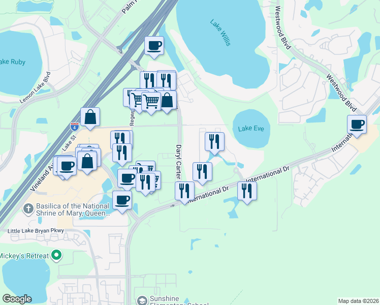 map of restaurants, bars, coffee shops, grocery stores, and more near 12562 International Drive in Orlando