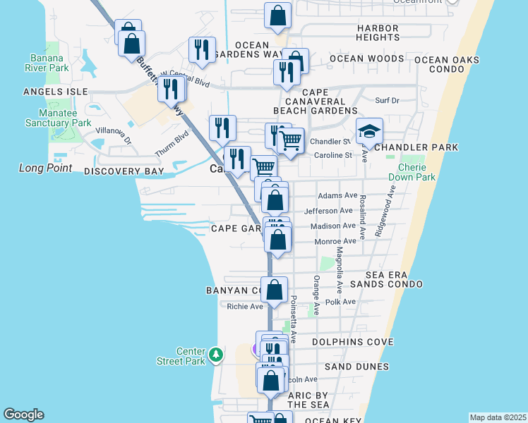 map of restaurants, bars, coffee shops, grocery stores, and more near 8010 North Atlantic Avenue in Cape Canaveral
