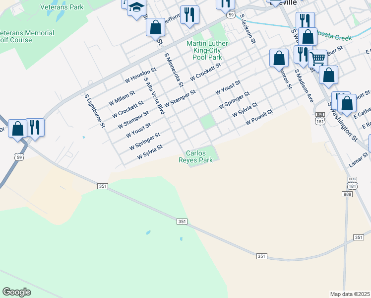 map of restaurants, bars, coffee shops, grocery stores, and more near 811 South Alta Vista Boulevard in Beeville