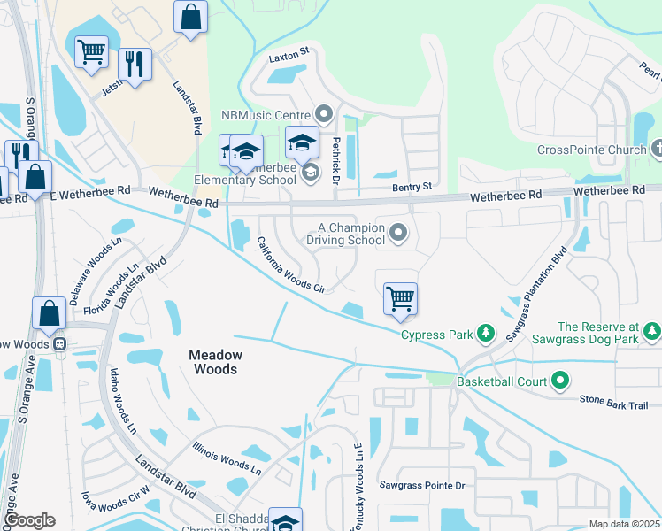 map of restaurants, bars, coffee shops, grocery stores, and more near 823 California Woods Circle in Orlando