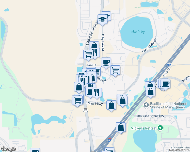 map of restaurants, bars, coffee shops, grocery stores, and more near Vinings Way Boulevard in Orlando