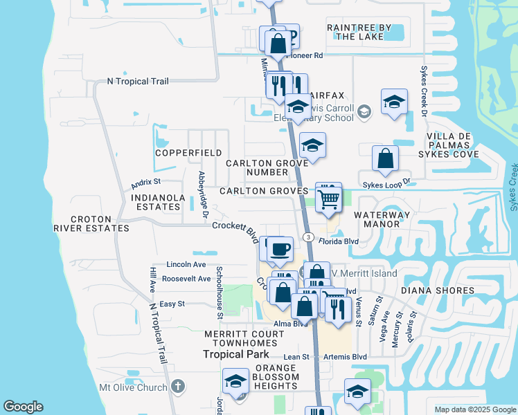 map of restaurants, bars, coffee shops, grocery stores, and more near 280 Hickory Avenue in Merritt Island