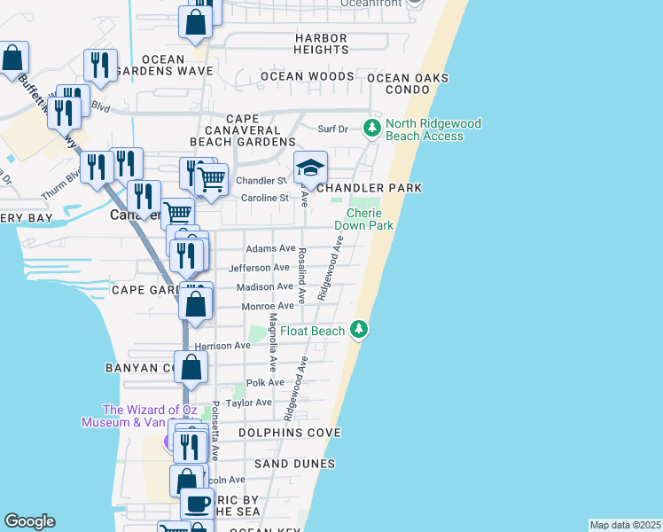 map of restaurants, bars, coffee shops, grocery stores, and more near 600 Jefferson Avenue in Cape Canaveral