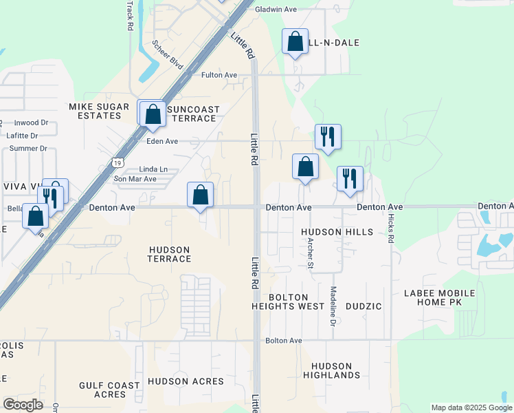 map of restaurants, bars, coffee shops, grocery stores, and more near Denton Avenue in Hudson
