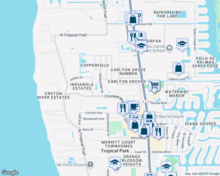 map of restaurants, bars, coffee shops, grocery stores, and more near 605 Heather Stone Drive in Merritt Island