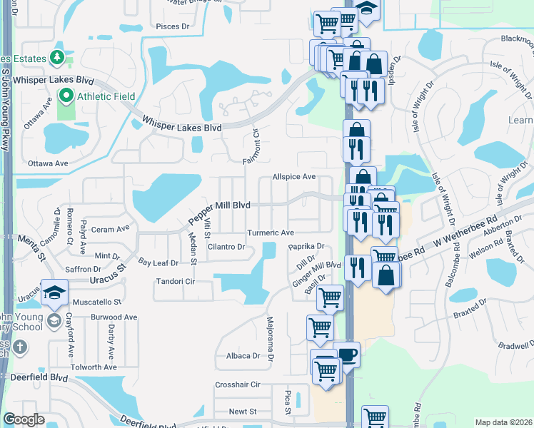 map of restaurants, bars, coffee shops, grocery stores, and more near 12044 Rotuma Street in Orlando