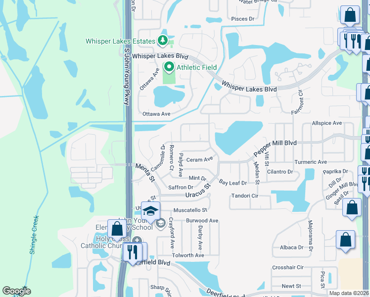 map of restaurants, bars, coffee shops, grocery stores, and more near 2701 Camomile Drive in Orlando