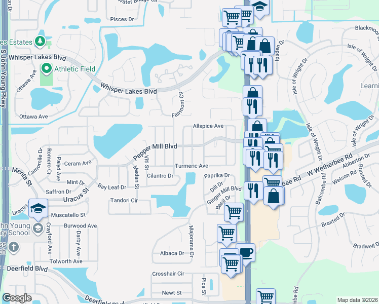 map of restaurants, bars, coffee shops, grocery stores, and more near 12044 Rotuma Street in Orlando