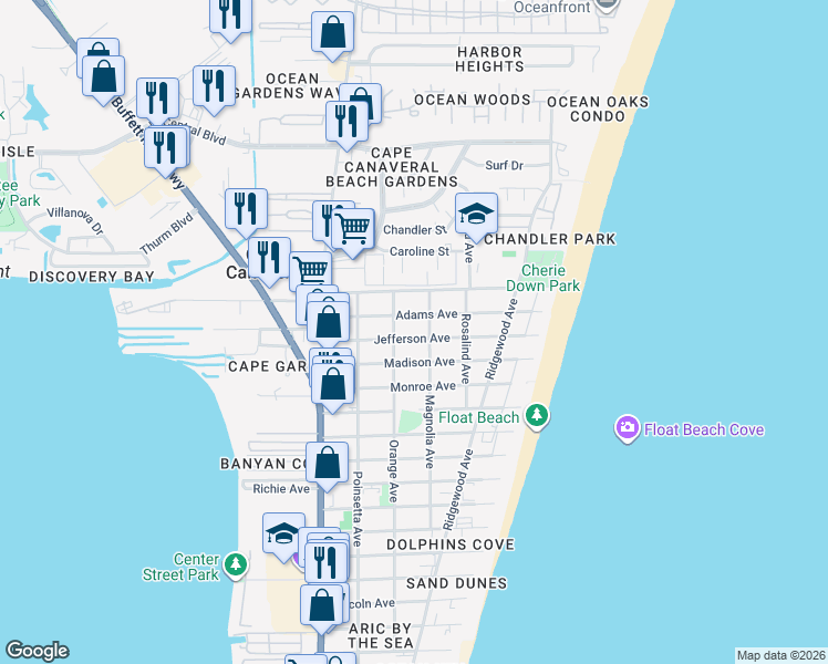 map of restaurants, bars, coffee shops, grocery stores, and more near 8200 Orange Avenue in Cape Canaveral