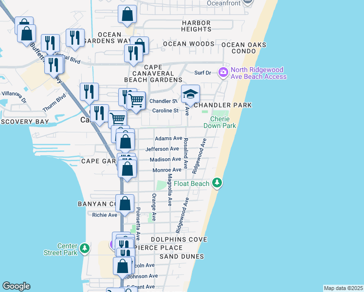 map of restaurants, bars, coffee shops, grocery stores, and more near 407 Adams Avenue in Cape Canaveral