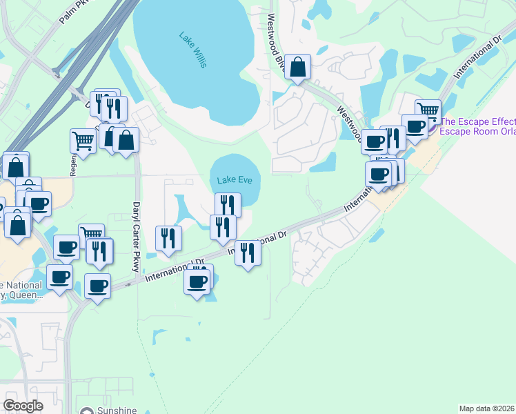 map of restaurants, bars, coffee shops, grocery stores, and more near 12388 International Drive in Orlando