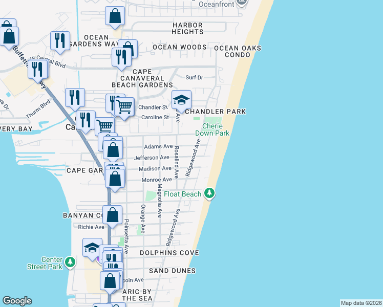 map of restaurants, bars, coffee shops, grocery stores, and more near 8154 Ridgewood Avenue in Cape Canaveral
