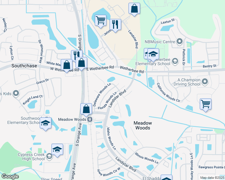 map of restaurants, bars, coffee shops, grocery stores, and more near 12101 Delaware Woods Lane in Orlando