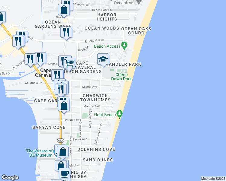 map of restaurants, bars, coffee shops, grocery stores, and more near 8102 Ridgewood Avenue in Cape Canaveral