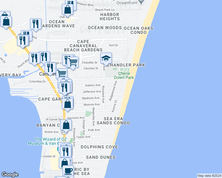 map of restaurants, bars, coffee shops, grocery stores, and more near 520 Jefferson Avenue in Cape Canaveral