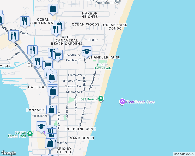 map of restaurants, bars, coffee shops, grocery stores, and more near 8154 Ridgewood Avenue in Cape Canaveral