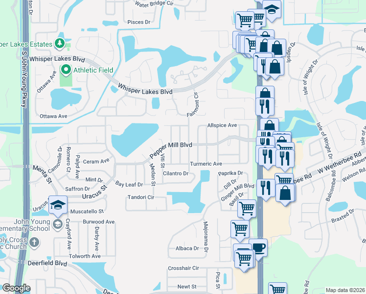 map of restaurants, bars, coffee shops, grocery stores, and more near 12048 Shallot Street in Orlando