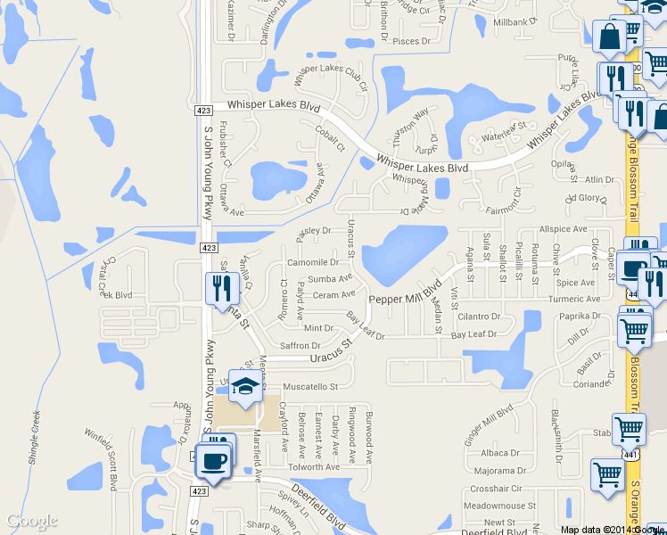map of restaurants, bars, coffee shops, grocery stores, and more near 2628 Camomile Drive in Orlando