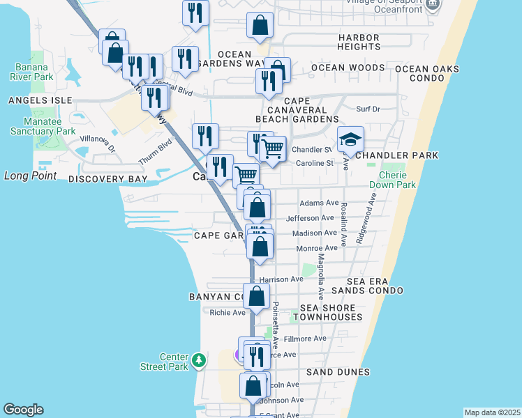 map of restaurants, bars, coffee shops, grocery stores, and more near 8200 North Atlantic Avenue in Cape Canaveral