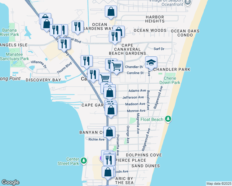 map of restaurants, bars, coffee shops, grocery stores, and more near 204 Adams Avenue in Cape Canaveral