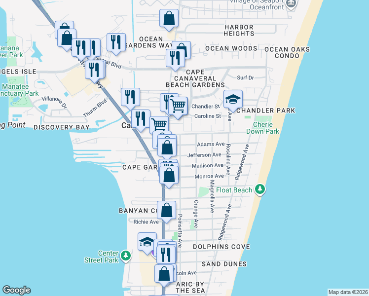 map of restaurants, bars, coffee shops, grocery stores, and more near 205 Adams Avenue in Cape Canaveral