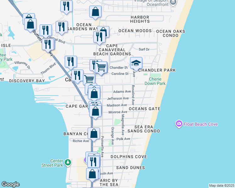 map of restaurants, bars, coffee shops, grocery stores, and more near 8200 Orange Avenue in Cape Canaveral