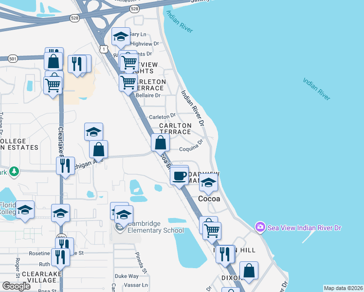 map of restaurants, bars, coffee shops, grocery stores, and more near 305 Lucerne Drive in Cocoa