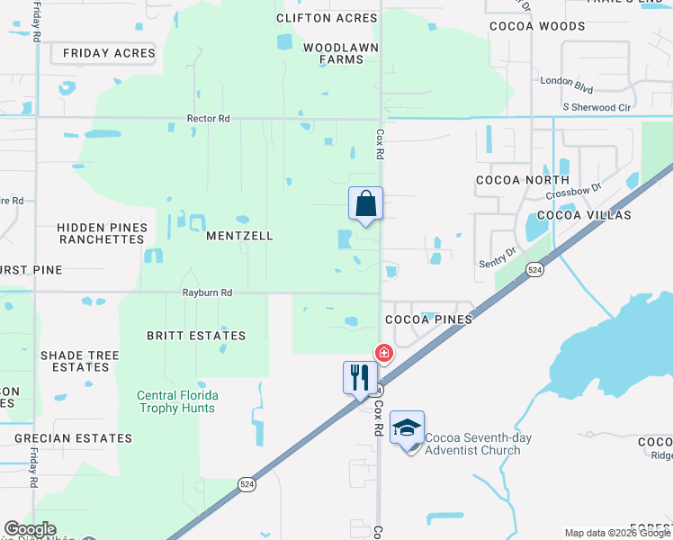 map of restaurants, bars, coffee shops, grocery stores, and more near 4118 Rayburn Road in Cocoa