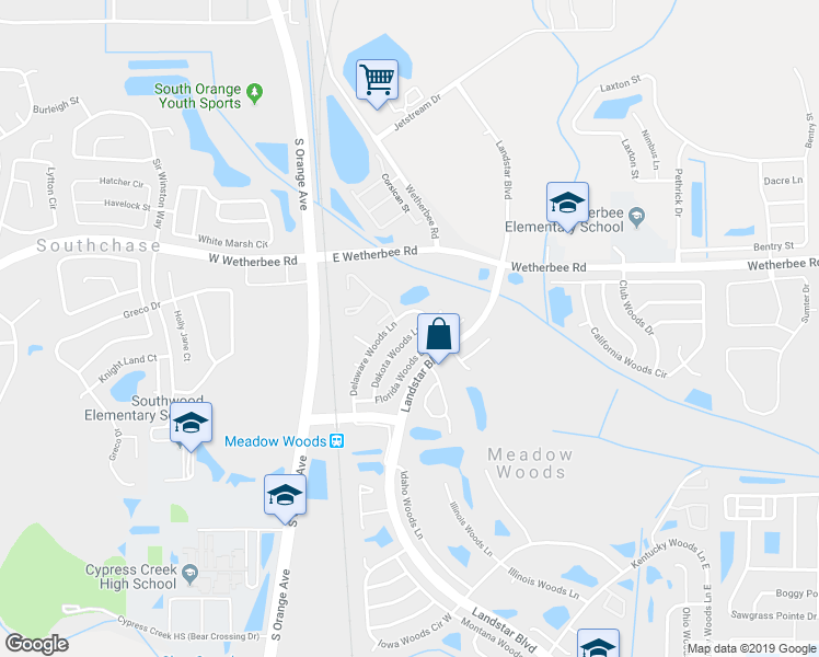 map of restaurants, bars, coffee shops, grocery stores, and more near 12101 Delaware Woods Lane in Orlando