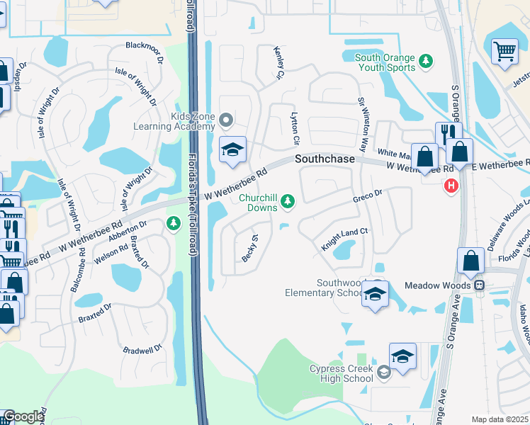 map of restaurants, bars, coffee shops, grocery stores, and more near 12559 Bohannon Boulevard in Orlando