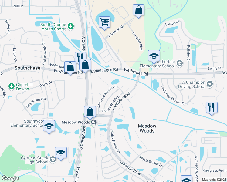 map of restaurants, bars, coffee shops, grocery stores, and more near 12101 Delaware Woods Lane in Orlando