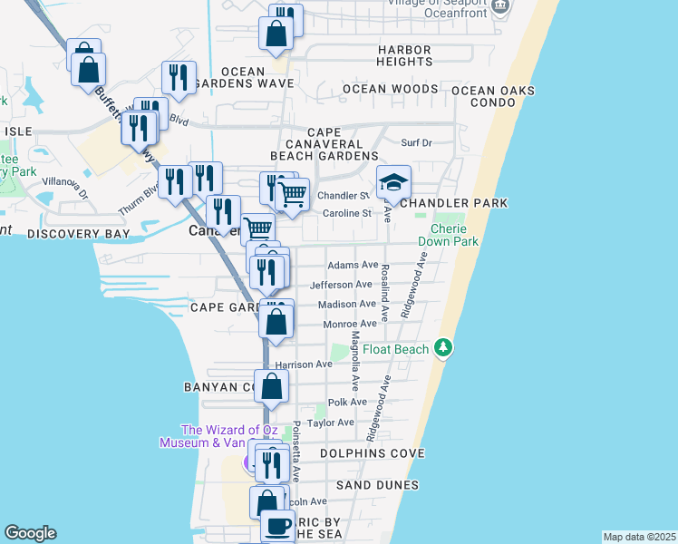map of restaurants, bars, coffee shops, grocery stores, and more near 307 Adams Avenue in Cape Canaveral