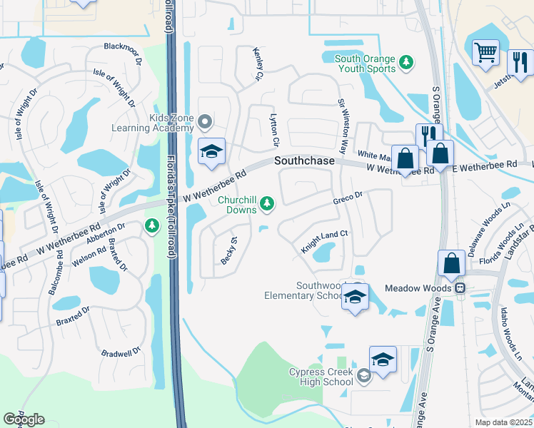 map of restaurants, bars, coffee shops, grocery stores, and more near 12540 Bohannon Boulevard in Orlando