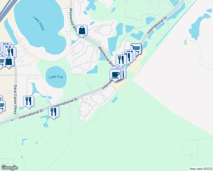 map of restaurants, bars, coffee shops, grocery stores, and more near 11983 International Drive in Orlando