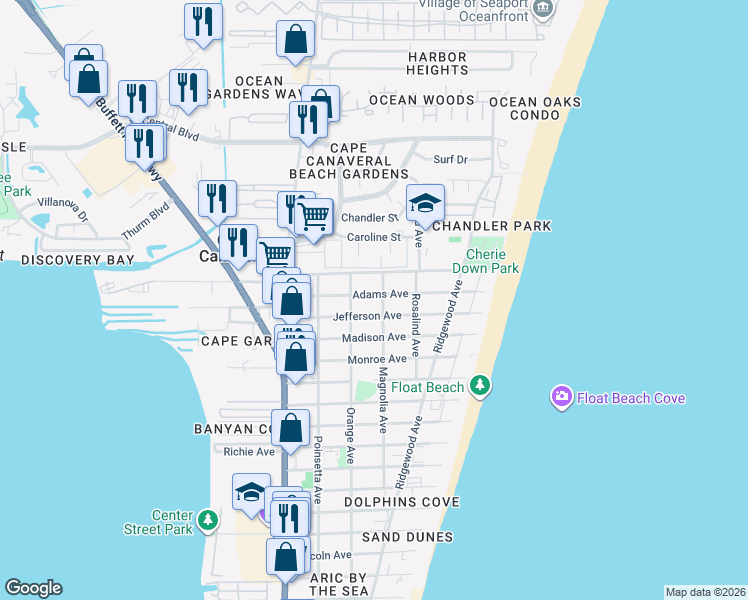 map of restaurants, bars, coffee shops, grocery stores, and more near 8200 Orange Avenue in Cape Canaveral
