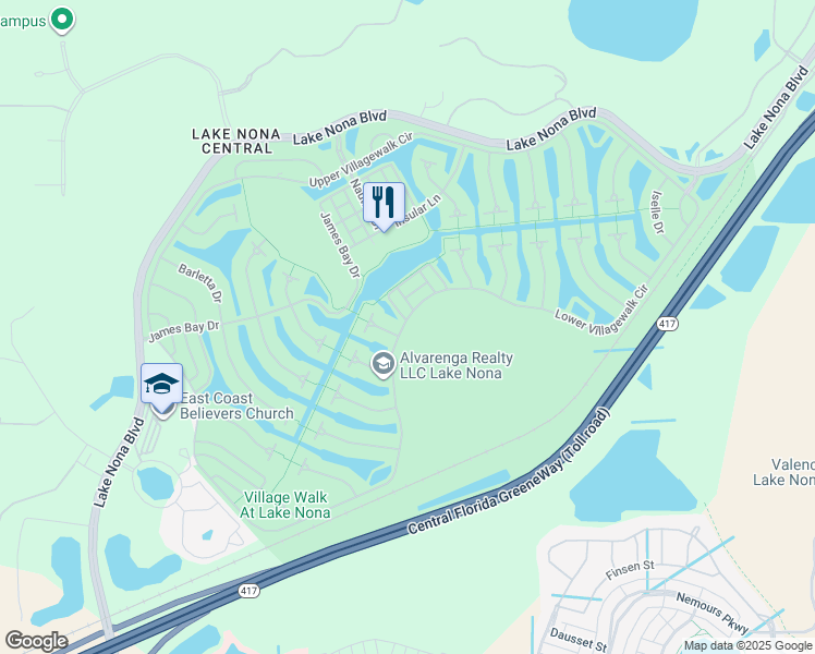 map of restaurants, bars, coffee shops, grocery stores, and more near 8448 Lower Villagewalk Circle in Orlando