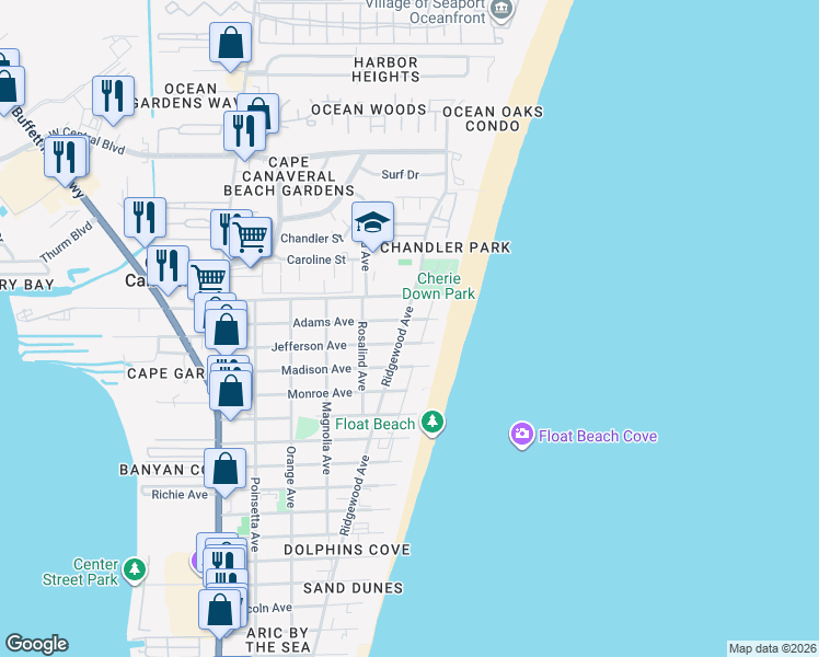map of restaurants, bars, coffee shops, grocery stores, and more near 8156 Ridgewood Avenue in Cape Canaveral