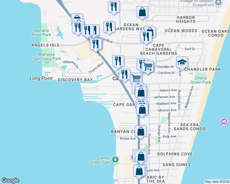 map of restaurants, bars, coffee shops, grocery stores, and more near 216 Long Point Road in Cape Canaveral