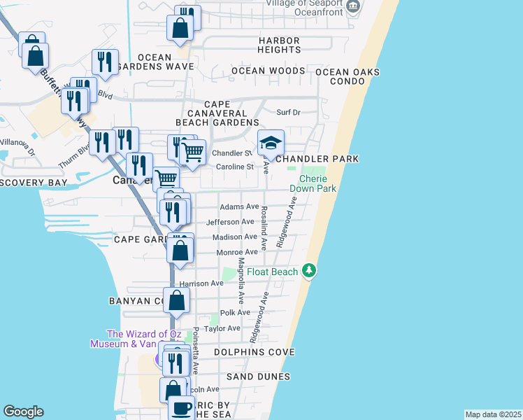 map of restaurants, bars, coffee shops, grocery stores, and more near 513 Adams Avenue in Cape Canaveral