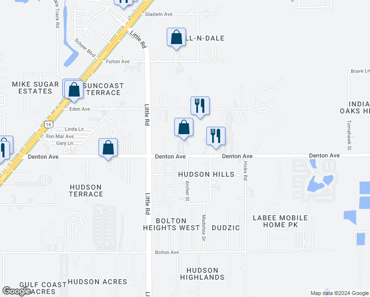 map of restaurants, bars, coffee shops, grocery stores, and more near 9631 Denton Avenue in Hudson