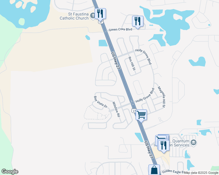 map of restaurants, bars, coffee shops, grocery stores, and more near 15517 Markham Drive in Clermont