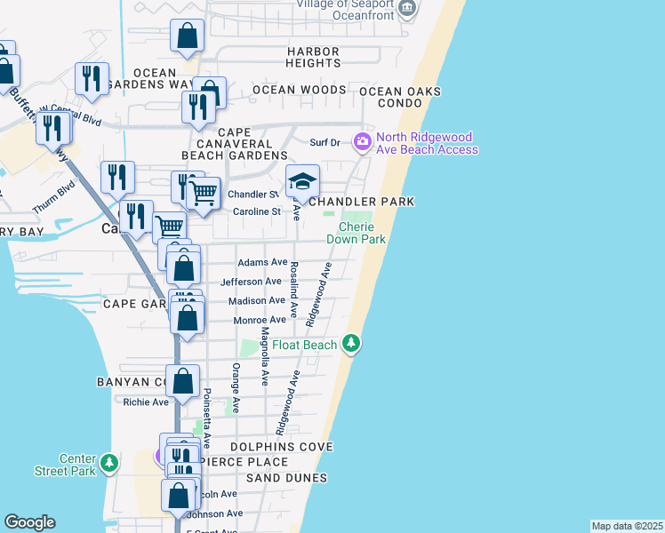 map of restaurants, bars, coffee shops, grocery stores, and more near 8154 Ridgewood Avenue in Cape Canaveral