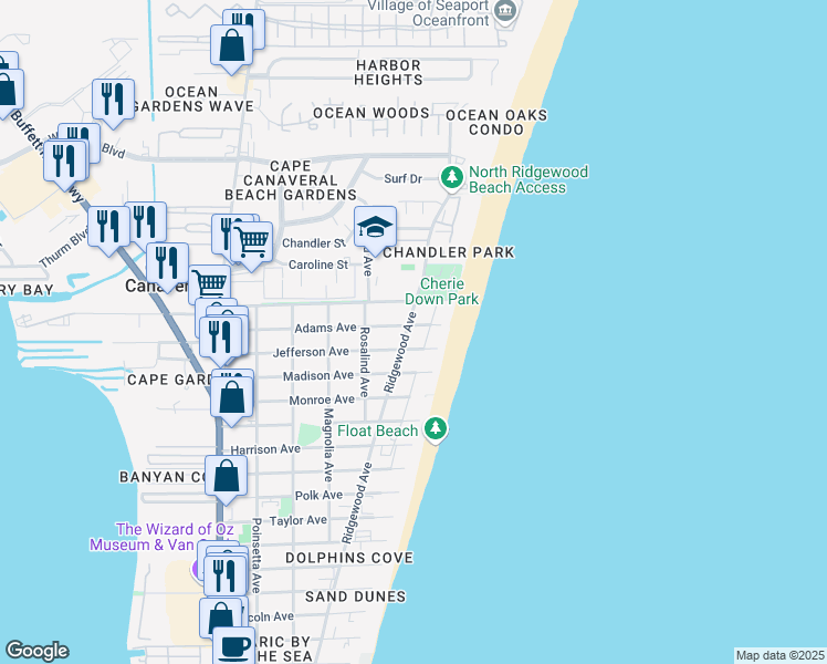 map of restaurants, bars, coffee shops, grocery stores, and more near 8154 Ridgewood Avenue in Cape Canaveral