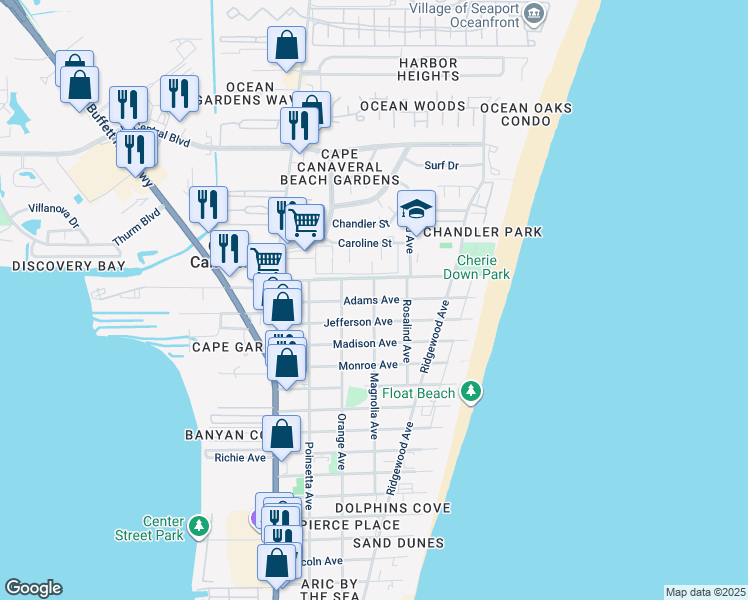 map of restaurants, bars, coffee shops, grocery stores, and more near 8198 Magnolia Avenue in Cape Canaveral
