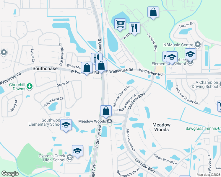 map of restaurants, bars, coffee shops, grocery stores, and more near 12149 Sandal Creek Way in Orlando