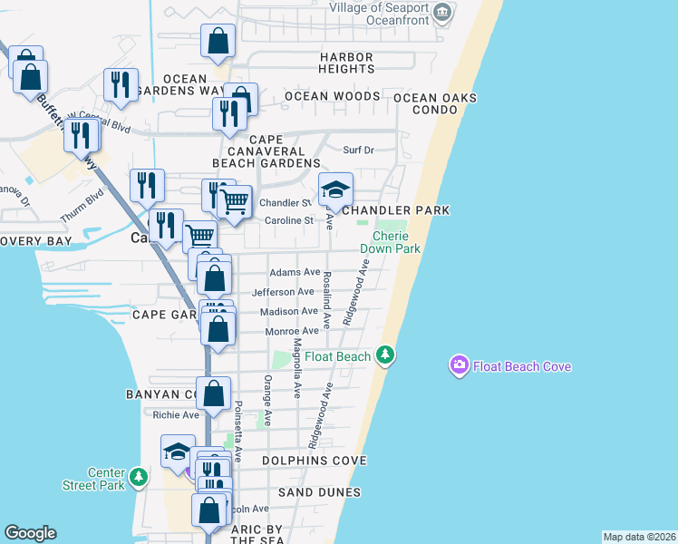 map of restaurants, bars, coffee shops, grocery stores, and more near 513 Adams Avenue in Cape Canaveral